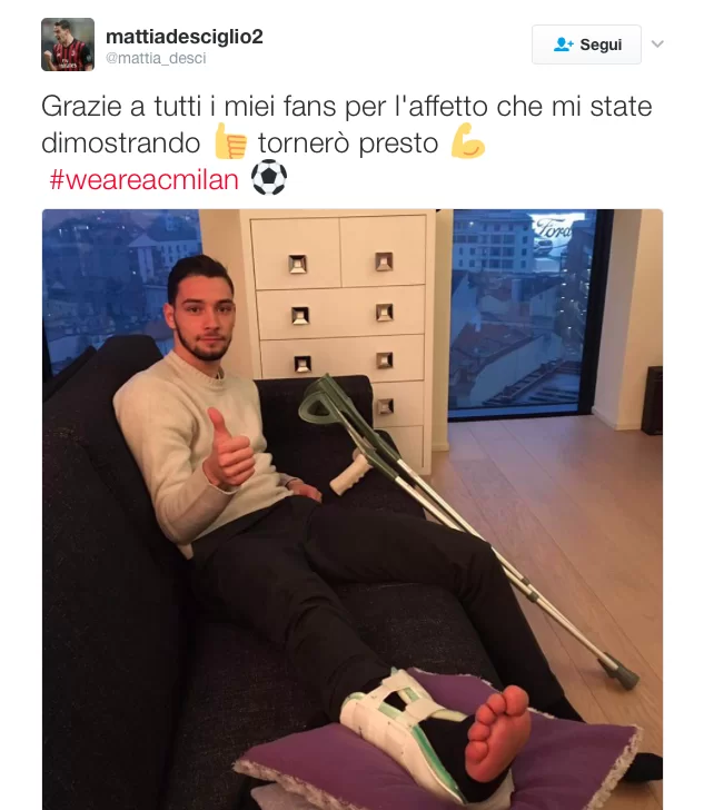 Twitter, De Sciglio: “Tifosi, grazie per l’affetto nei miei confronti. Tornerò presto”