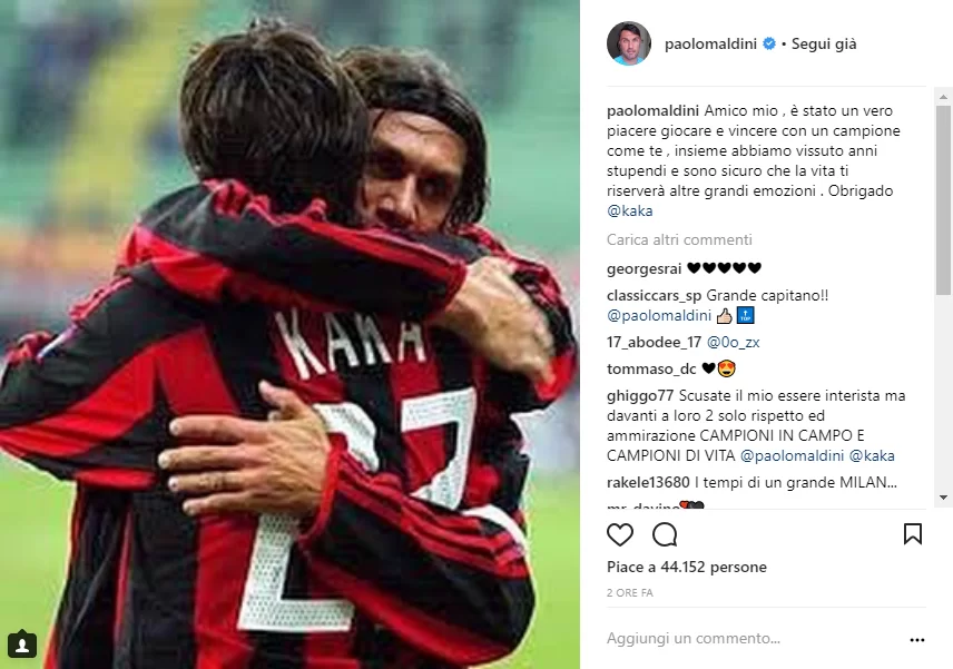 Maldini saluta Kakà: “E’ stato un vero piacere giocare e vincere con un campione come te”