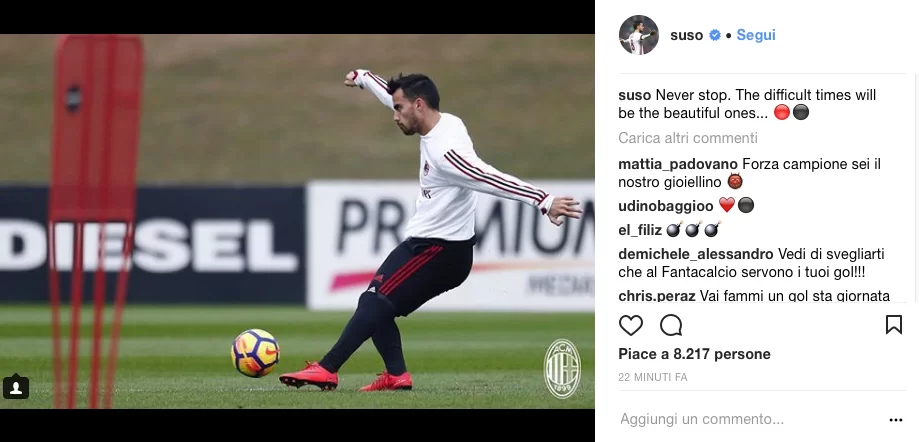 Instagram, Suso: “I momenti difficili diventeranno bellissimi”