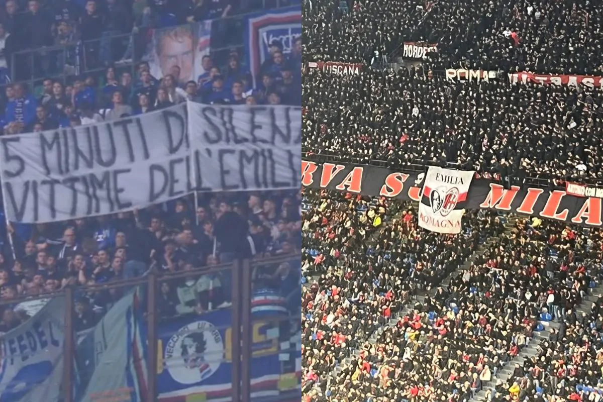 Alluvione in Emilia Romagna, striscione della Curva Sud durante il minuto di silenzio (FOTO)